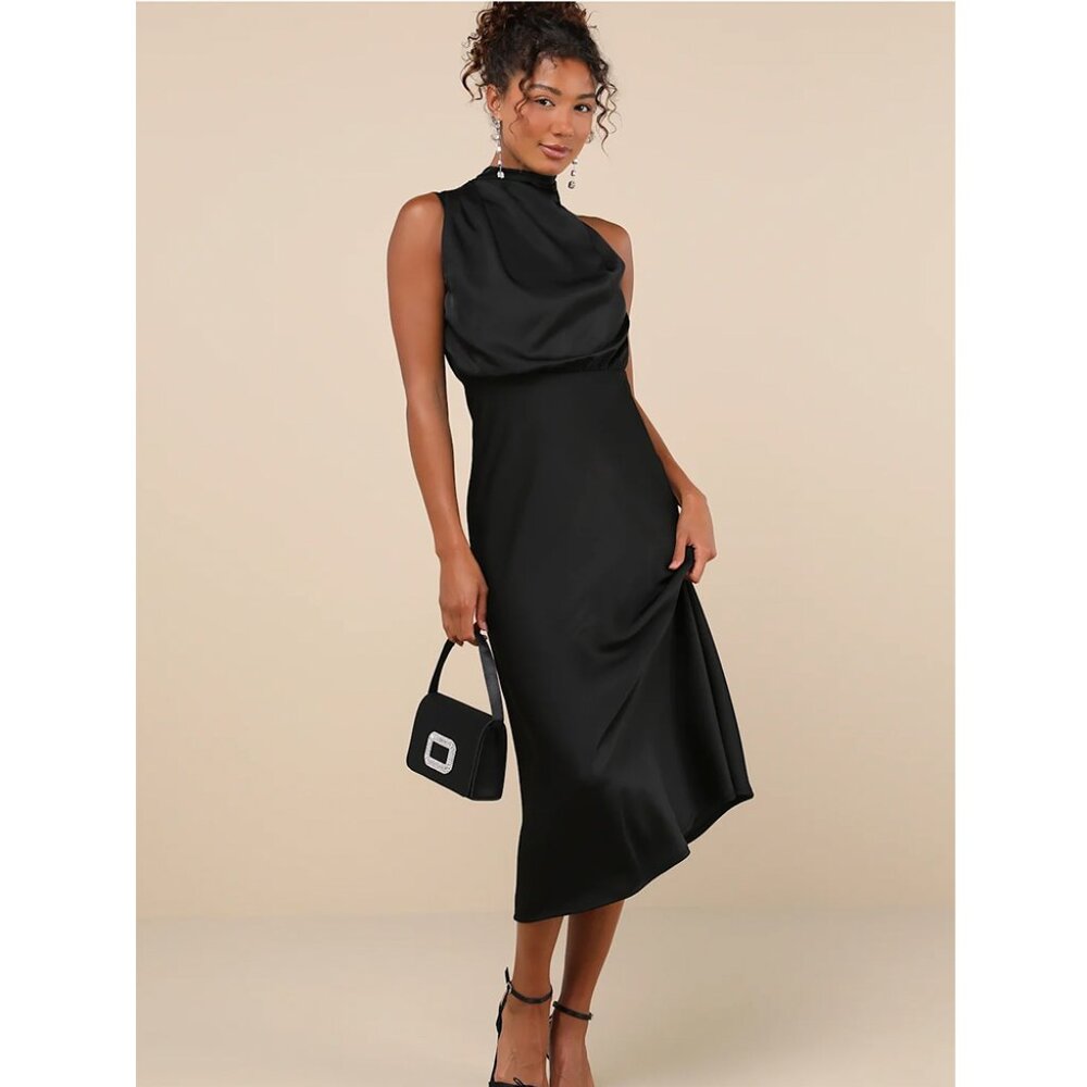 Lulus Black Satin Asymmetrical Midi Dress - Size M - Picture 4 of 4